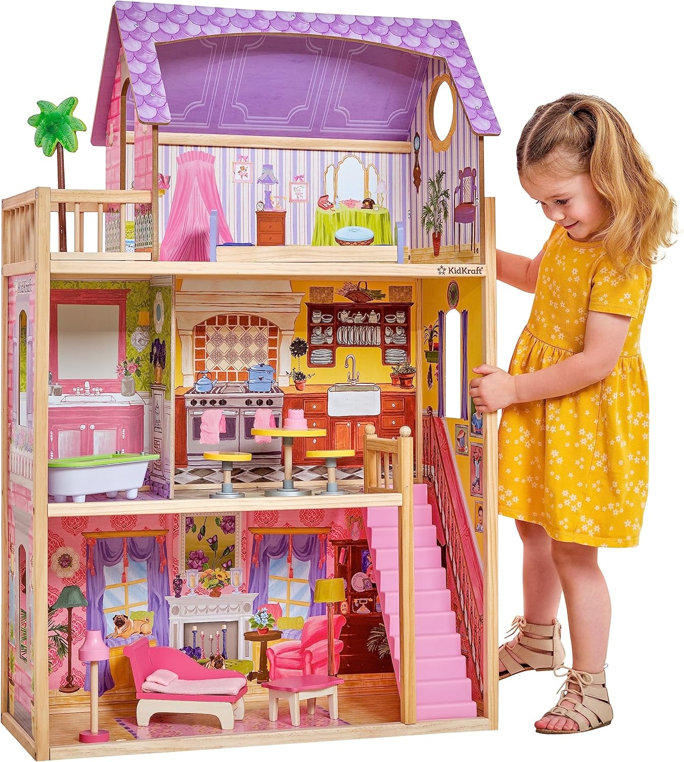 KidKraft Kayla Maison de poupée en bois avec meubles et accessoires, ensemble de jeu à 3 niveaux pour poupée de 30 cm, jouet pour 3 ans et plus, 65092 - Exclusivement sur Amazon