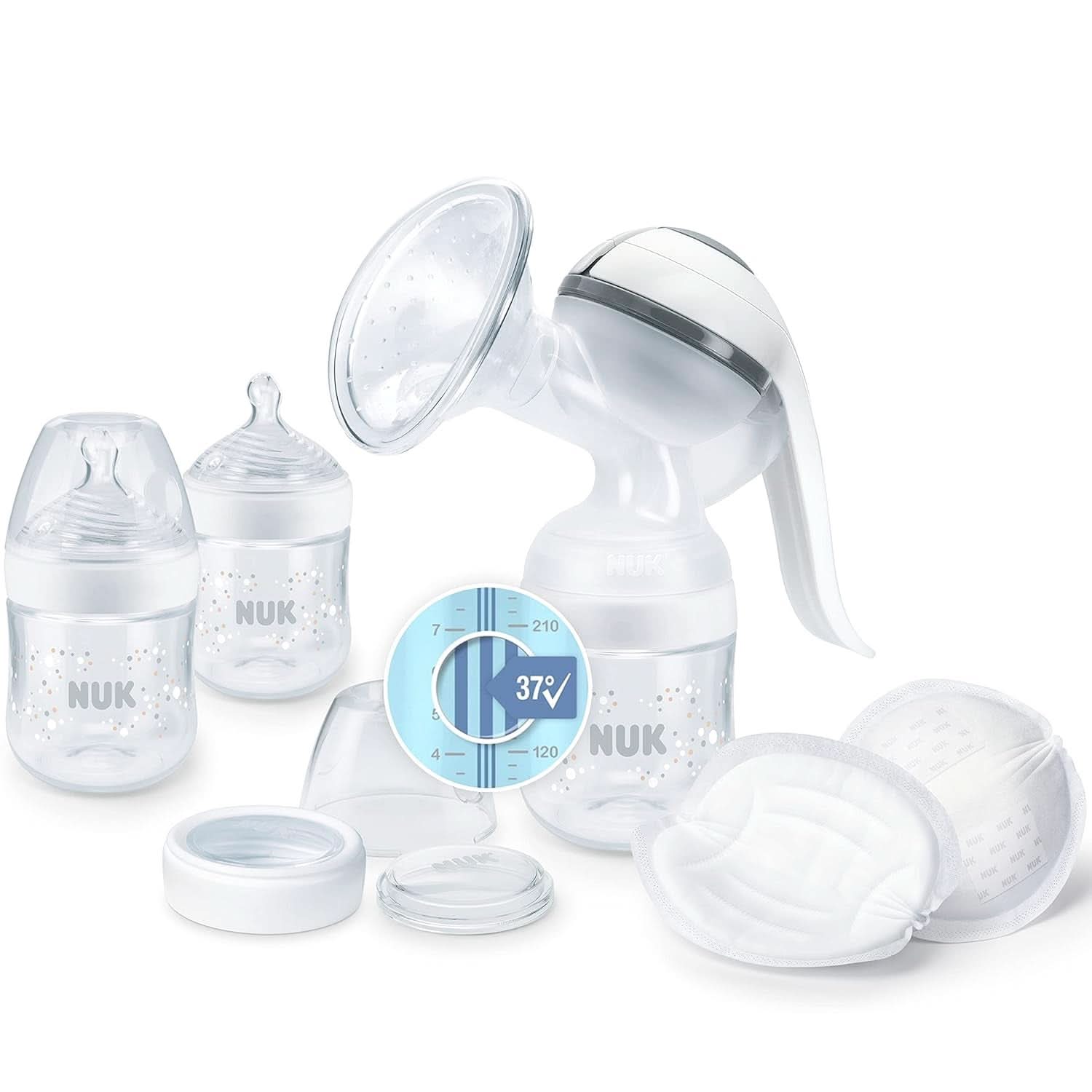 Tire-lait manuel NUK Nature Sense | Ensemble d'allaitement avec tire-lait manuel, biberons et coussinets d'allaitement Ultra Dry Comfort | 6 pièces Accessoires d'Alimentation et d'Allaitement pour Bébé Naty Shop Unique Avec contrôle de température