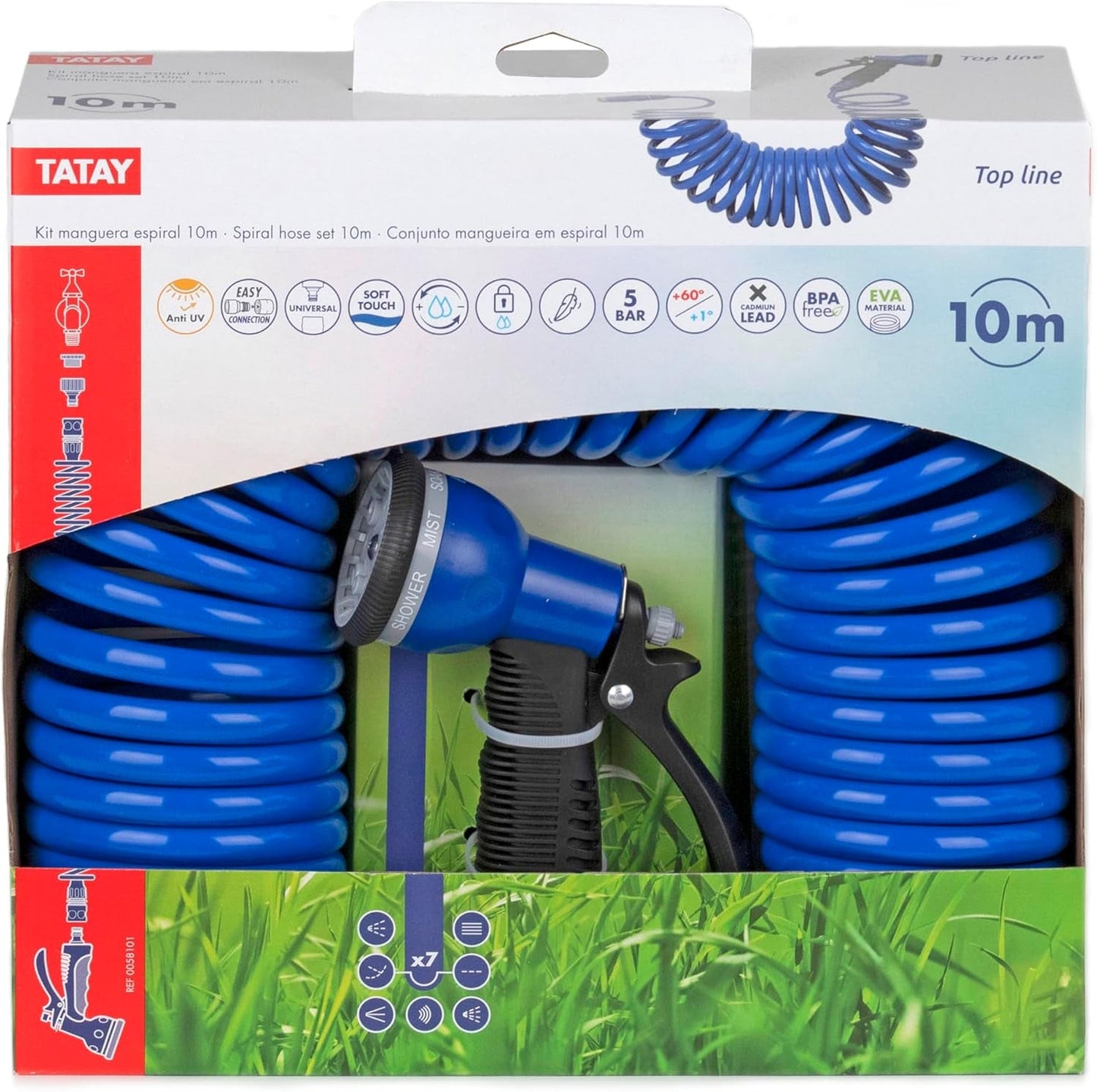 Kit de tuyaux spiralés TATAY 10 m avec accessoires en plastique avec protection UV, idéal pour les terrasses et petits jardins.
