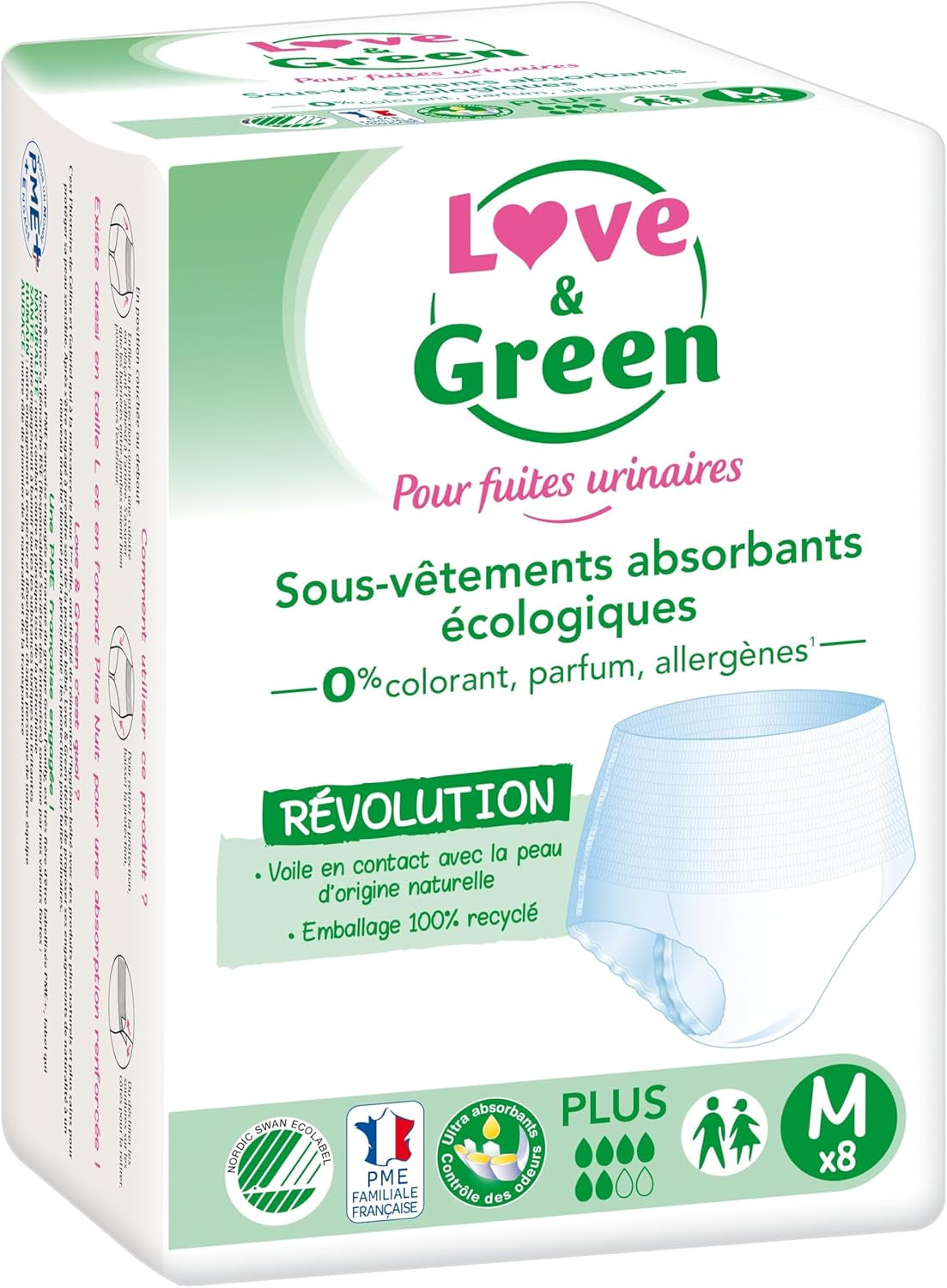 Sous-vêtement absorbant adulte hypoallergénique et écologique, taille M, 8 pièces