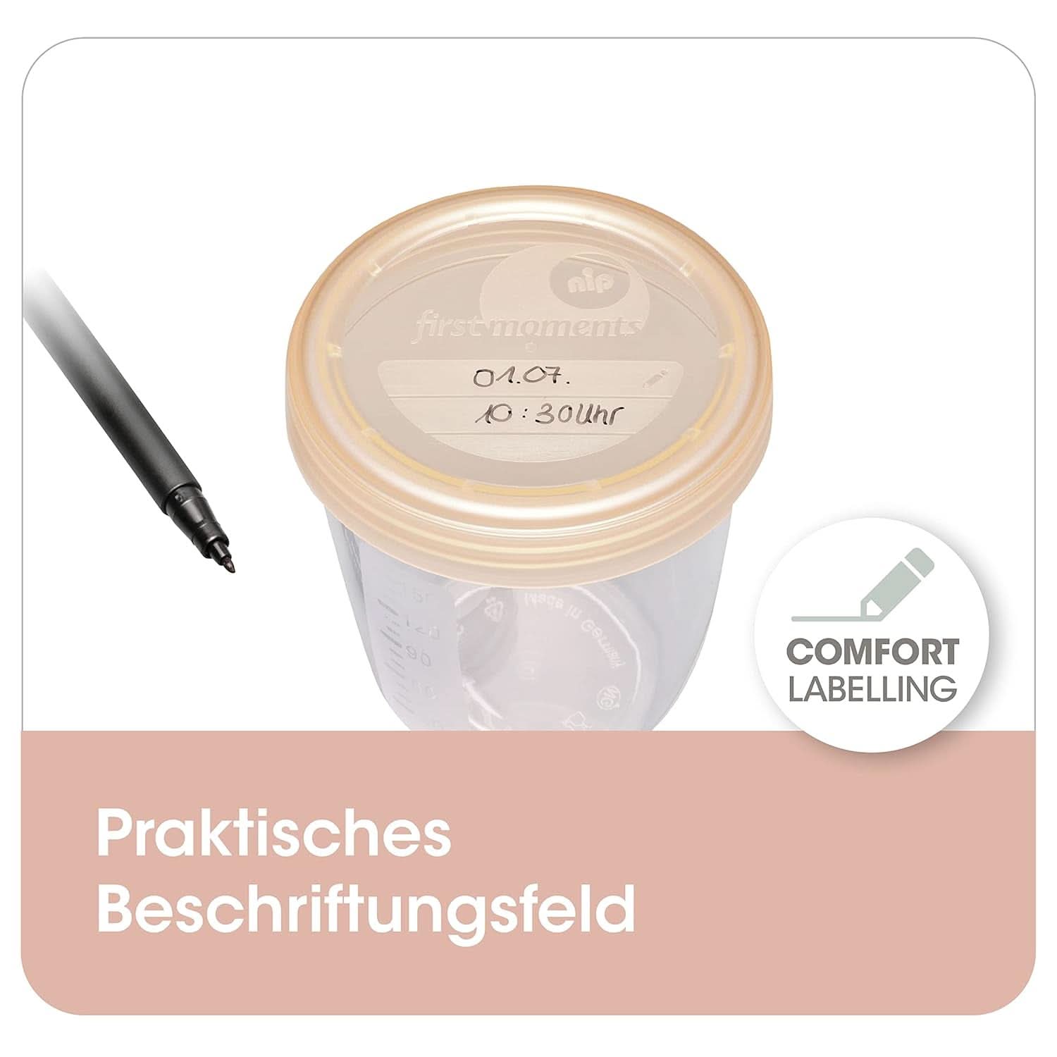 Pots pour lait maternel NIP First Moments 150 ml, 4 pièces : empilables et étanches Accessoires Alimentation et Allaitement Bebe Naty Shop