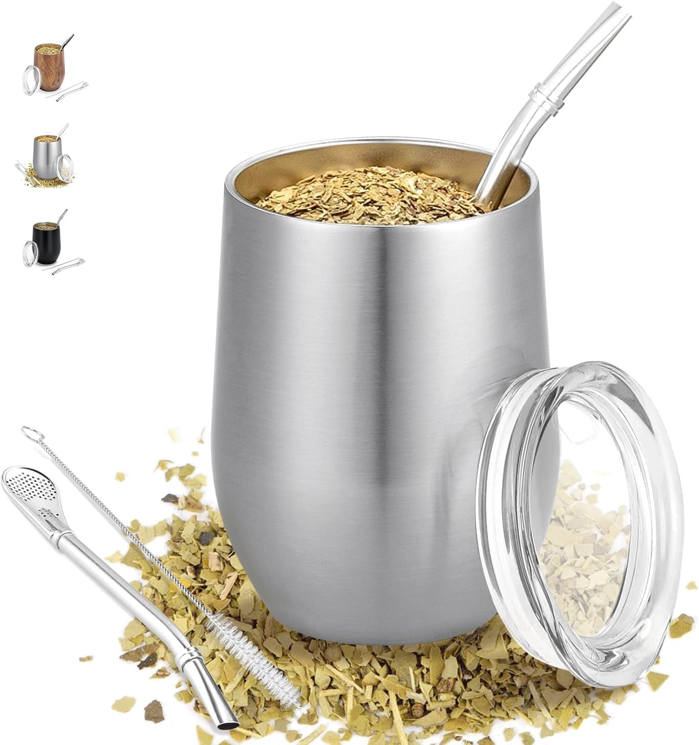 Tasse Mate moderne 340 ml, ensemble de tasses isothermes à double paroi en acier inoxydable Yerba Mate, tasse à thé Mate avec couvercle sans BPA, bombillas et brosse de nettoyage (argent)