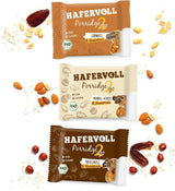 Hafervoll Porridge2go Beurre de cacahuète et noix, 13 barres x 55 g - Snack végétalien, biologique, sans gluten, sans sucre ajouté, avec avoine, dattes et bonbons au quinoa