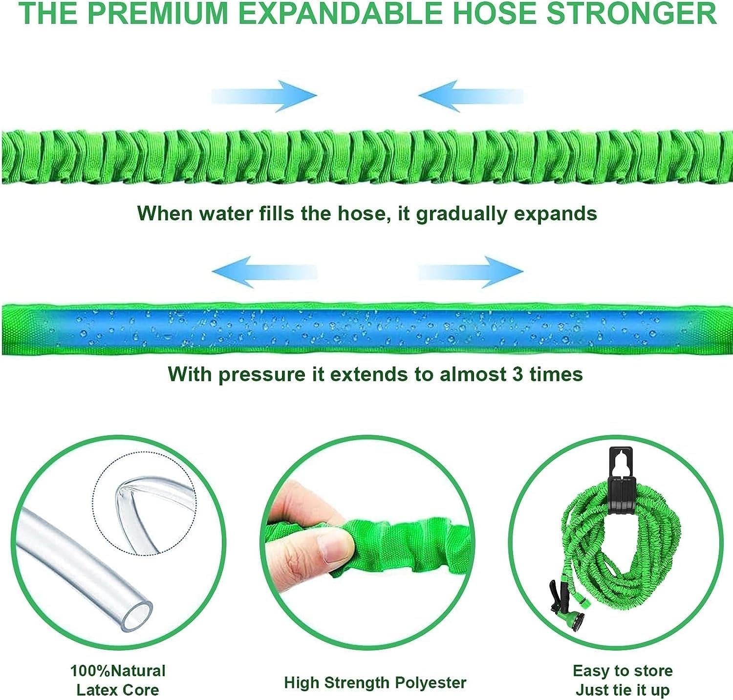 Tuyau d'arrosage flexible et extensible avec raccords de 1,9 cm et 1,27 cm, buse de pulvérisation à 8 fonctions, bleu ou vert, 15 m