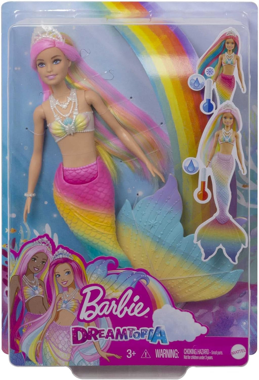 Barbie Dreamtopia Sirène magique arc-en-ciel, Barbie sirène avec cheveux arc-en-ciel, poupée à couleur changeante, activée par l'eau, jouet pour 3 ans et plus, cadeau pour filles, GTF89