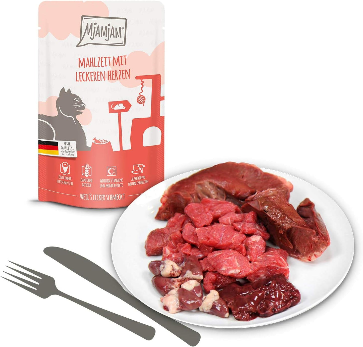 MjAMjAM - Nourriture humide de qualité supérieure pour chats - Pack mixte I - Poulet, bœuf, cœurs, paquet de 12 (12 x 125 g), sans céréales avec viande supplémentaire