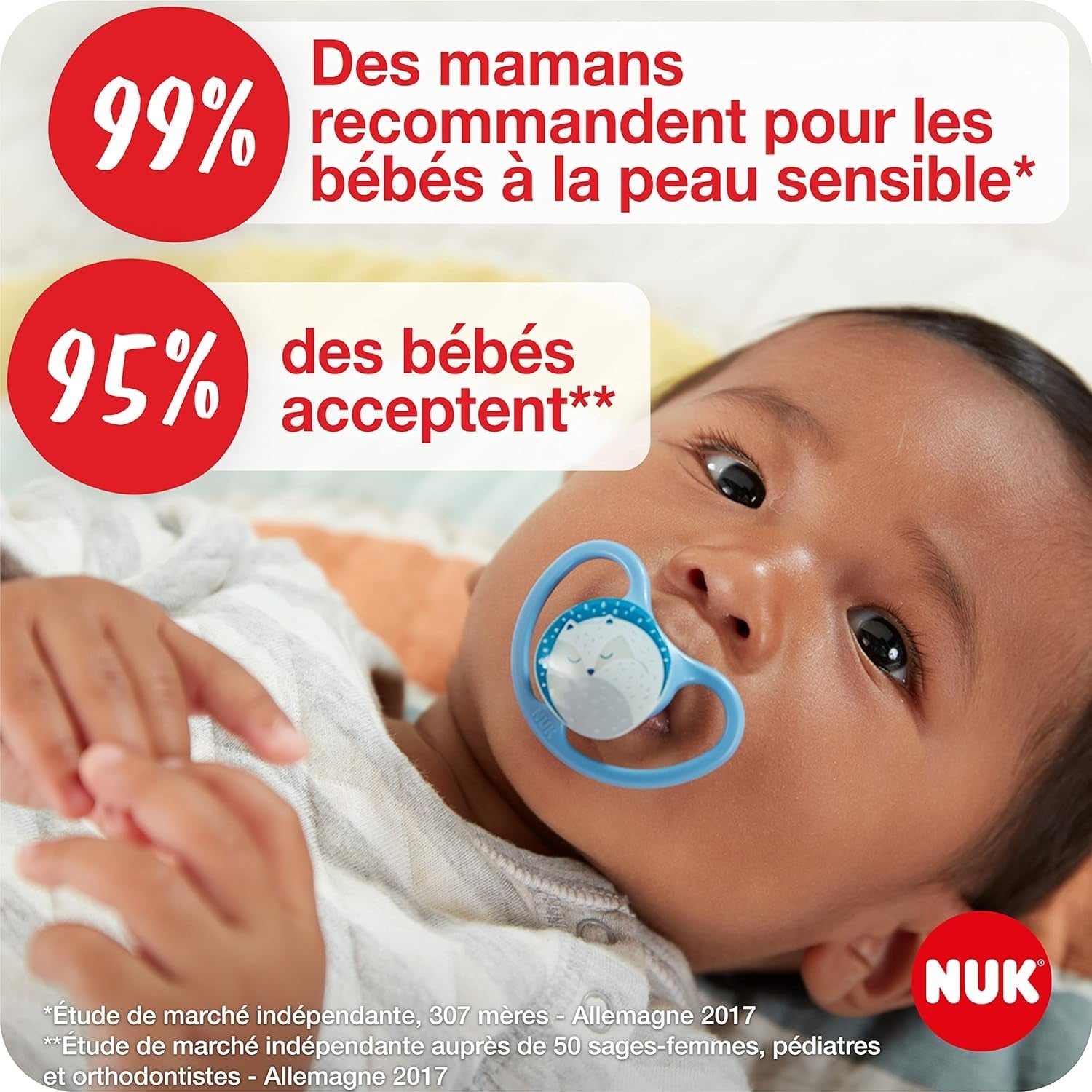 Sucettes NUK Space Night, 0-6 mois, très grandes fentes d'aération, phosphorescentes, silicone sans BPA, renard et coccinelle, paquet de 2