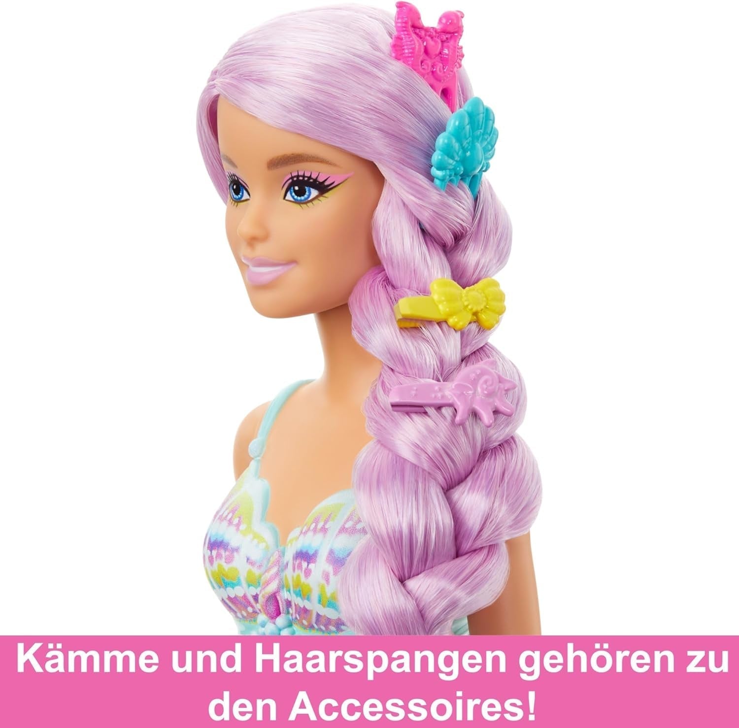 Poupée Barbie Sirène - avec de longs cheveux roses et des accessoires de coiffure personnalisés, dont une brosse, une jolie coquille et des nageoires roses, pour 3 ans et plus, HRR00 Naty Shop Dolls