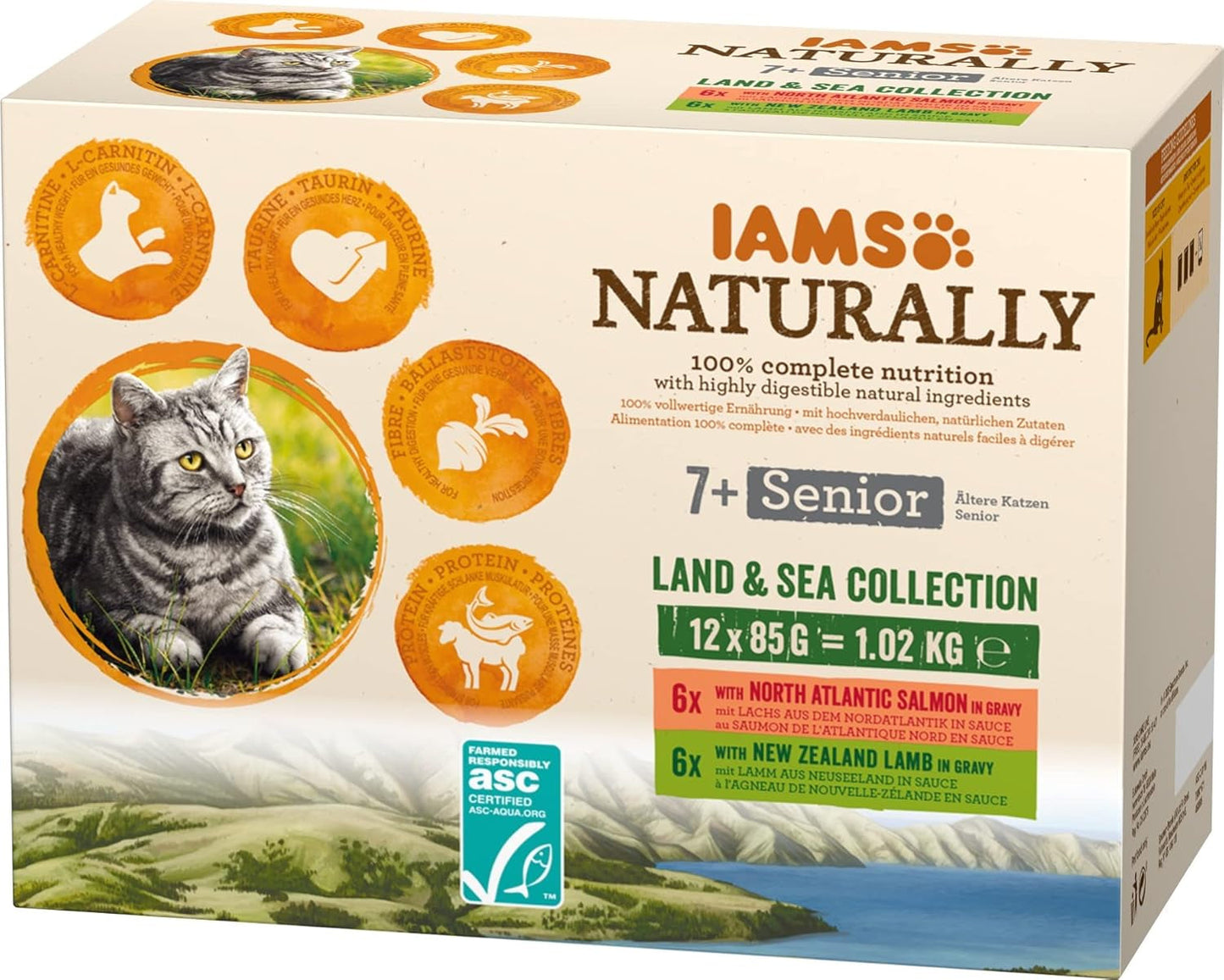 IAMS Naturally Senior Nourriture humide en sauce - Nourriture humide à base de viande et de poisson de haute qualité pour chats âgés, Collection Land & Sea, 12 x 85 g