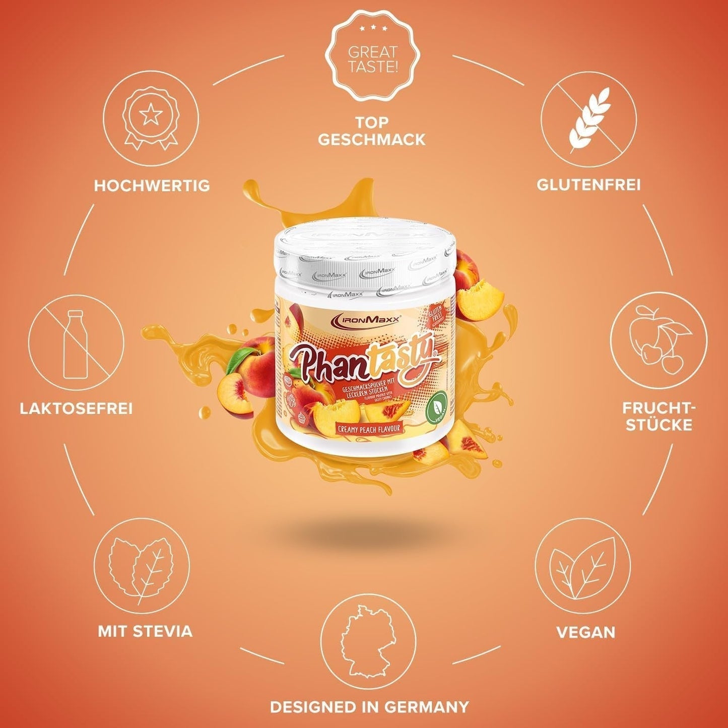Ironmaxx Phantasty - Pêche crémeuse Dose de 250G | Vegan Geschmackspulver Mit Echten Frucht-Oder Nussstückchen | Perfekter Zuckerersatz Édulcorants Naty Shop