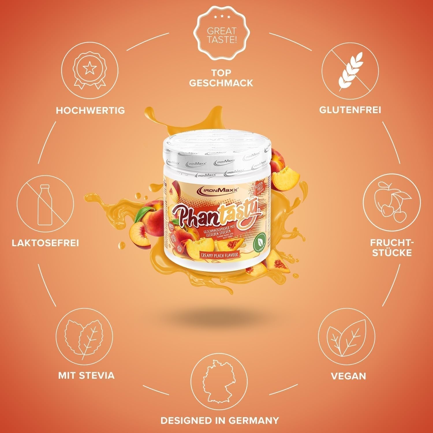 Ironmaxx Phantasty - Pêche crémeuse Dose de 250G | Vegan Geschmackspulver Mit Echten Frucht-Oder Nussstückchen | Perfekter Zuckerersatz Édulcorants Naty Shop