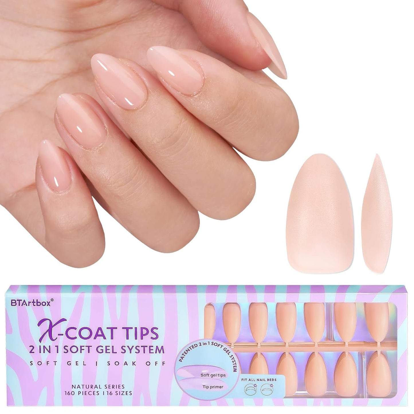 Btartbox Ongles Extra Courts en Gel Souple Couverture Complète Pointes d'Ongles Courtes Amande 160 Pièces Ongles Artificiels XCOATTIPS Préconçus Pointes d'Ongles Courtes Amande pour Extensions d'Ongles