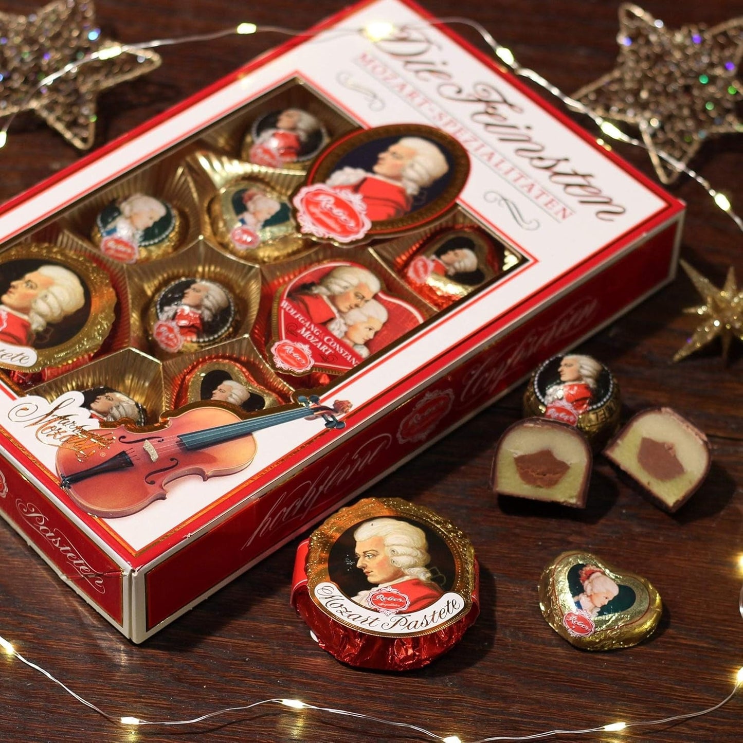 Boules Reber Mozart au chocolat noir, pack de 6 avec pâte d'amande et nougat, vegan - 1 x 120 g