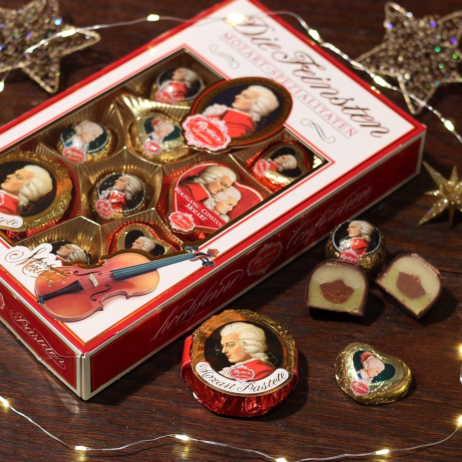Boules Reber Mozart au chocolat noir, pack de 6 avec pâte d'amande et nougat, vegan - 1 x 120 g