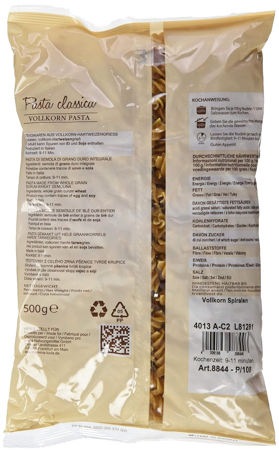 Spirales de pâtes complètes, paquet de 10 (10 x 500 g)
