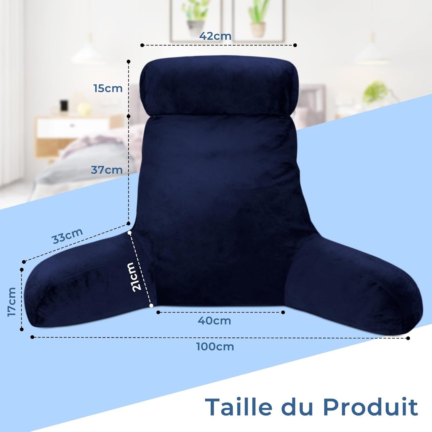 Oreiller de lecture INFANZIA avec accoudoirs, mousse à mémoire de forme, support ergonomique pour canapé et lit, bleu marine