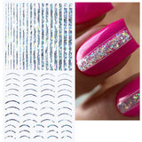 12 feuilles d'autocollants pour ongles auto-adhésifs lignes pailletées laser autocollants holographiques rayures bronze autocollants pour ongles ligne française arcs incurvés lignes ondulées autocollants pour ongles accessoires de nail art