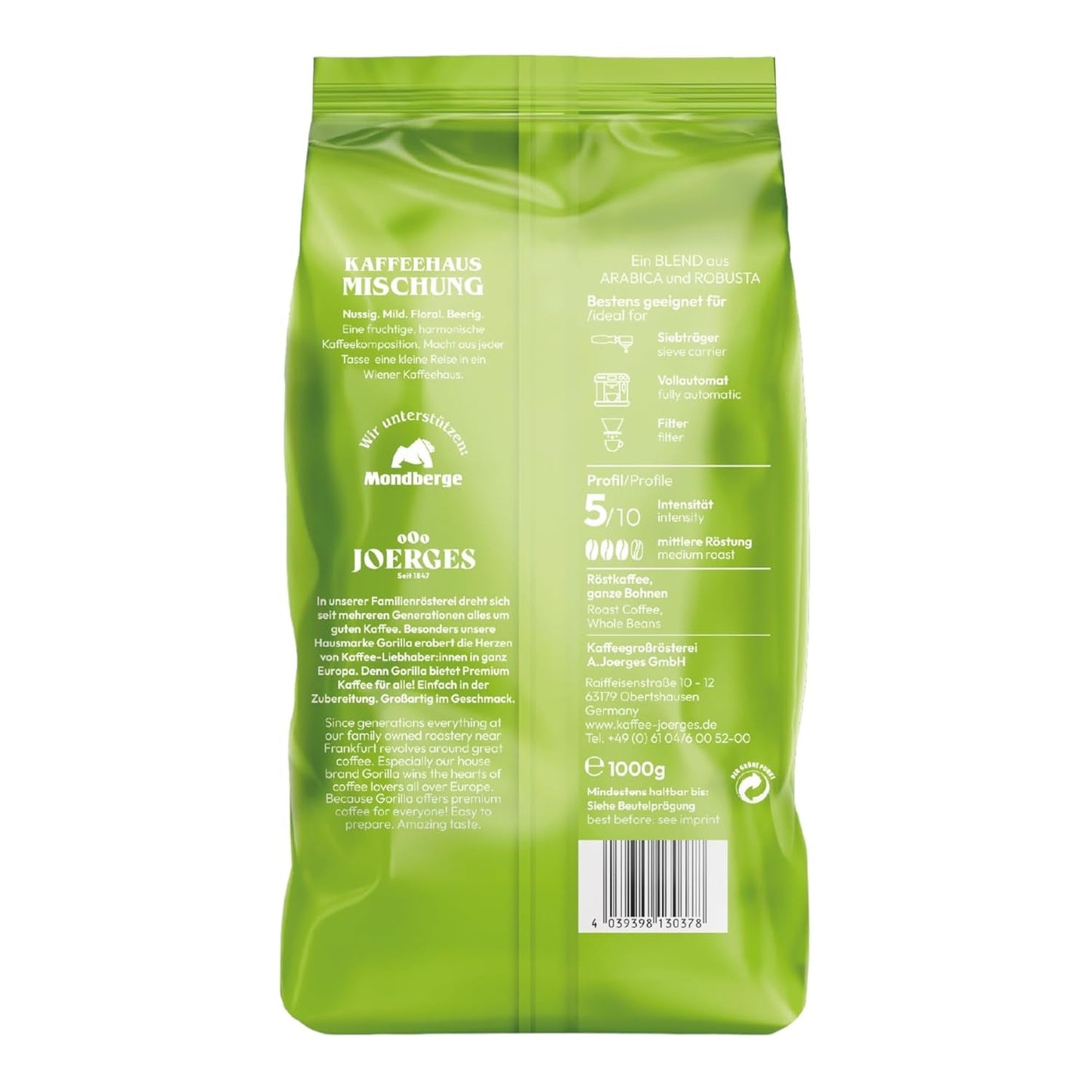 Gorilla Kaffeehaus-Mischung, 3er Vorteilspack (3x 1000g), ganze Kaffeebohnen, Röstkaffee, Caffè