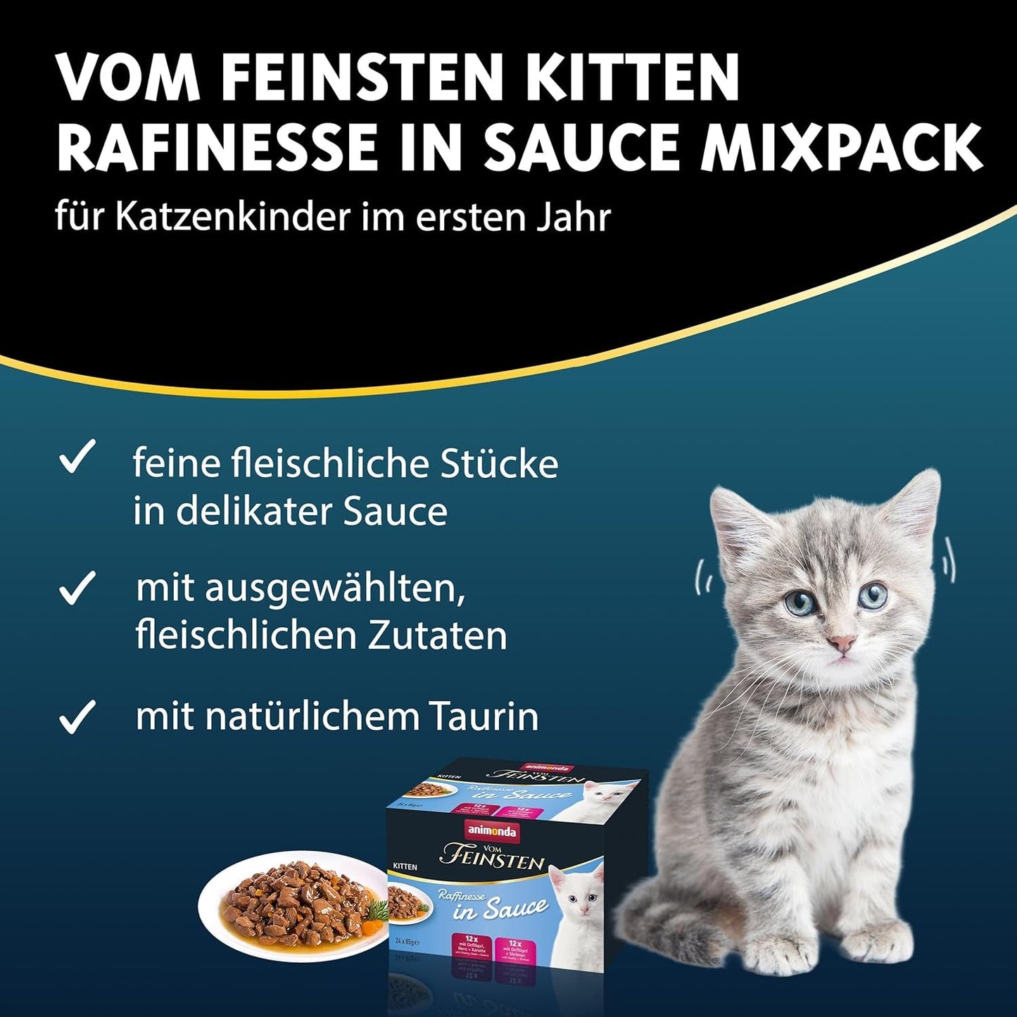 animonda vom Feinsten Premium Kitten Nourriture humide pour chats, Saveurs raffinées en sauce, 24 sachets (24 x 85g), Nourriture humide de haute qualité pour chats, sans sucre, Mélange mixte