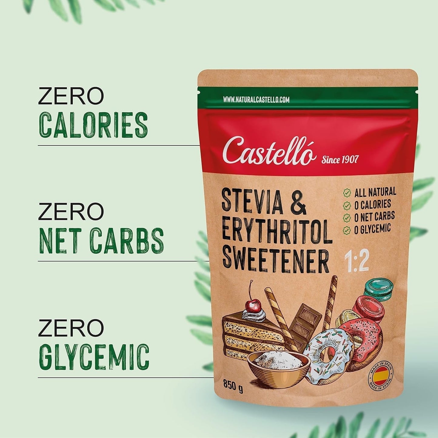 Stevia + Erythritol 1:2 Tissu doux | 1G = 2G Zucker | Ingrédients 100% naturels - 0 calories - 0 indice glycémique - Keto et Paleo - 0 netto-khlenhydrate - Kein GVO - Castello depuis 1907 - 850 G Édulcorants Naty Shop