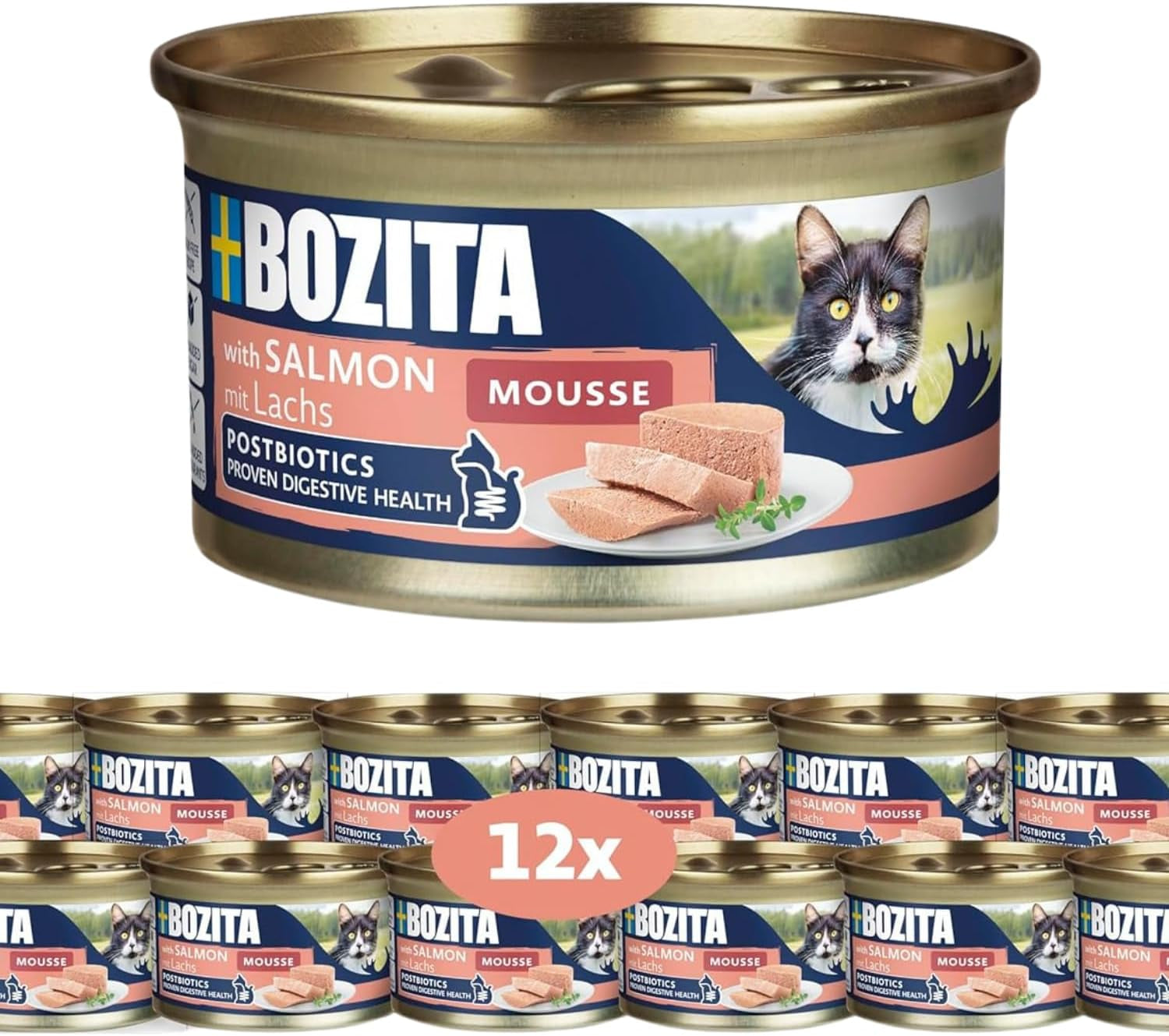 Bozita Mousse MSC Saumon - 12 x 85g nourriture humide pour chat à la texture fine de mousse et de saumon - recette sans céréales, sans sucres ni colorants ajoutés - avec postbiotiques pour soutenir la flore intestinale