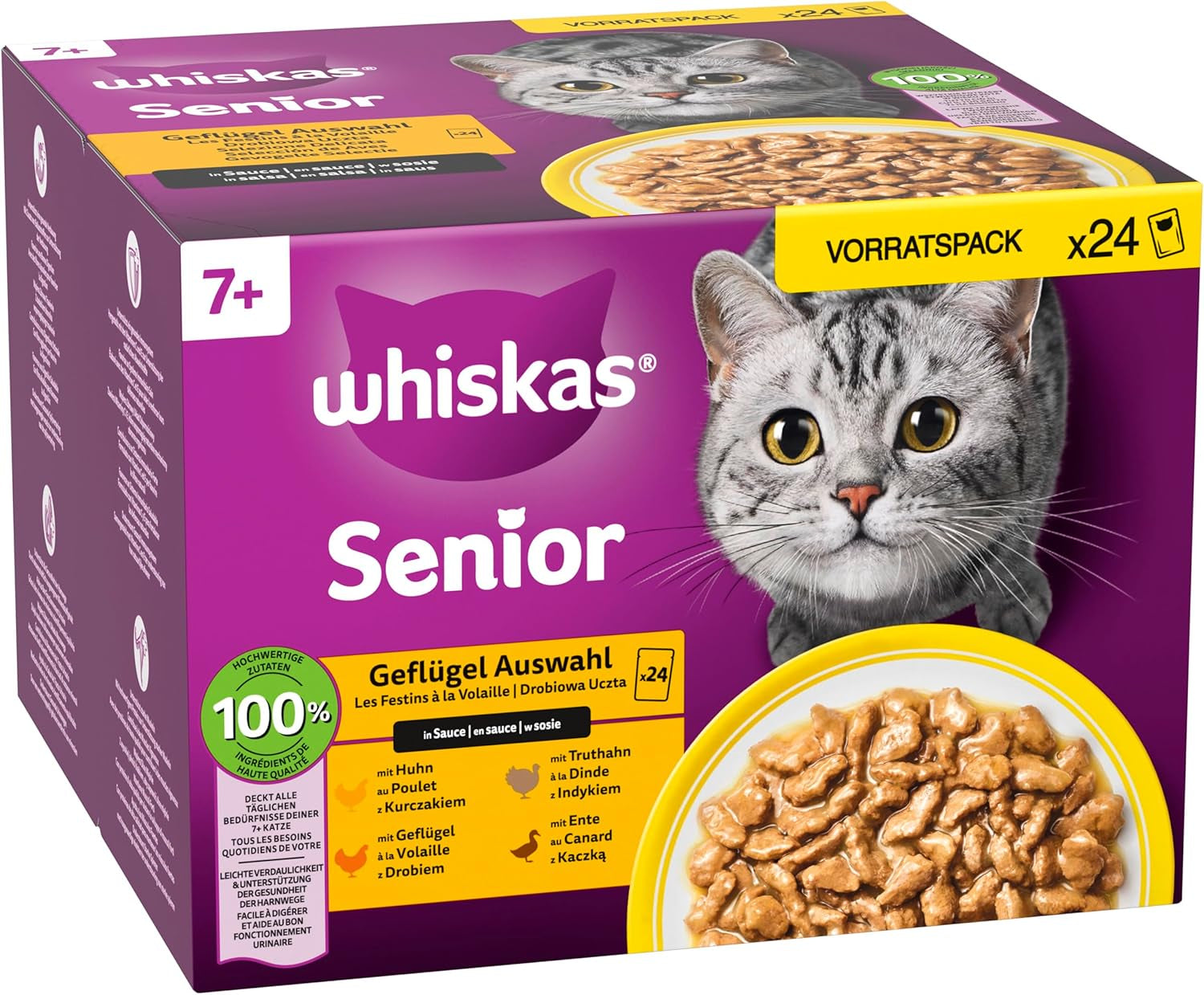Whiskas 7+ Nourriture humide pour chats Sélection de volaille en sauce 24 x 85 g (2 paquets) - Nourriture humide de haute qualité à partir de 7 ans en 48 sachets de portion