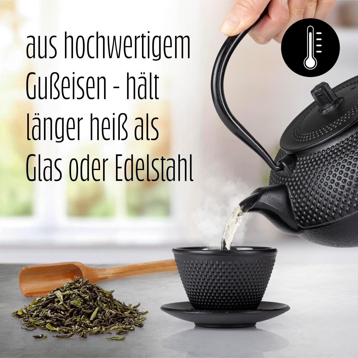 Service à thé Lumaland 8 pièces | Théière en fonte Tetsubin de 1,4 litre | Chauffage en fonte | 2 tasses à thé et 2 soucoupes | Service à thé japonais comprenant une cuillère doseuse en bambou et un infuseur en acier inoxydable