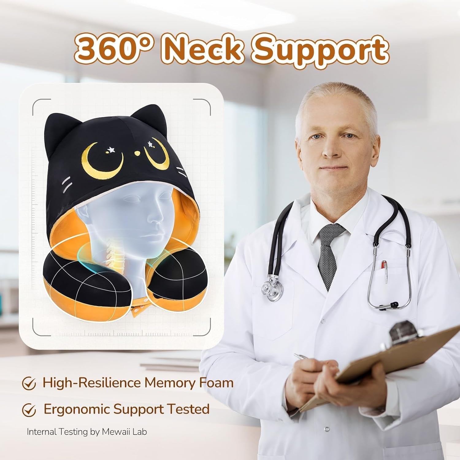 Mewaii Oreiller de voyage double face pour adultes, oreiller cervical en mousse à mémoire de forme, oreiller de vol réversible avec capuche de chat, sangle réglable