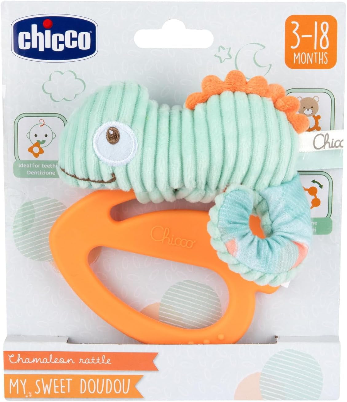 Chicco My Sweet Doudou Caméléon Jouet en tissu de haute qualité Anneau en plastique souple Jouet de dentition apaisant pour bébé 3-18 mois Jouets pour bébés Naty Shop