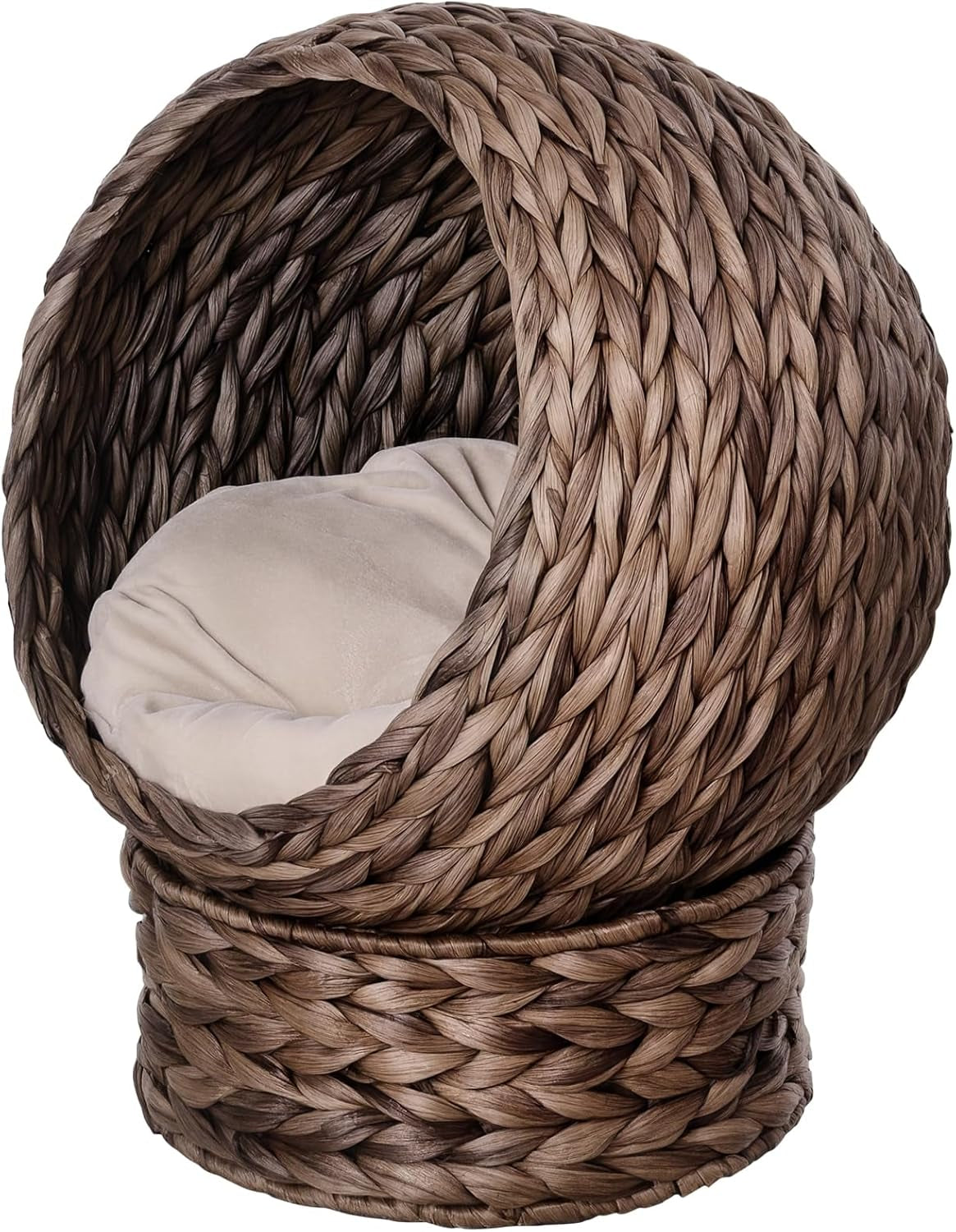 PawHut Rotin Katzenkorb Katzenhöhle Katzenhütte Katzenbett mit Kissen Haustierbett Wasserhyazinthe Kaffee 50 x 42 x 60 cm
