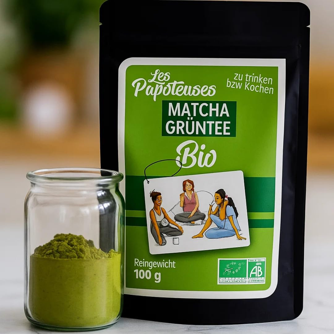 | Matcha bio en poudre 100 g | Thé vert Matcha en poudre de qualité cérémonielle | 100% naturel et qualité premium | Thé détoxifiant | Compatible avec le set Matcha, la tige, le bol et le verre.