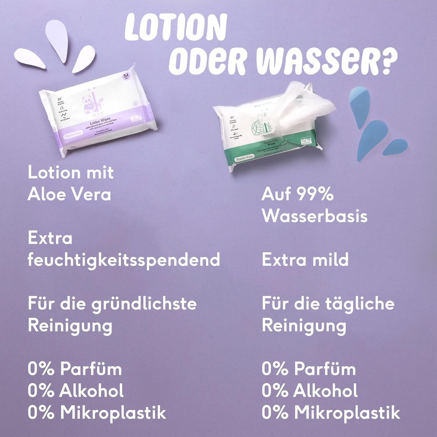 Naïf - Lingettes humides sans plastique - 162 pièces (3 paquets de 54 lingettes chacun) - Soin des fesses, du corps et du visage de bébé - 99% d'eau - 0% de parfum et d'alcool