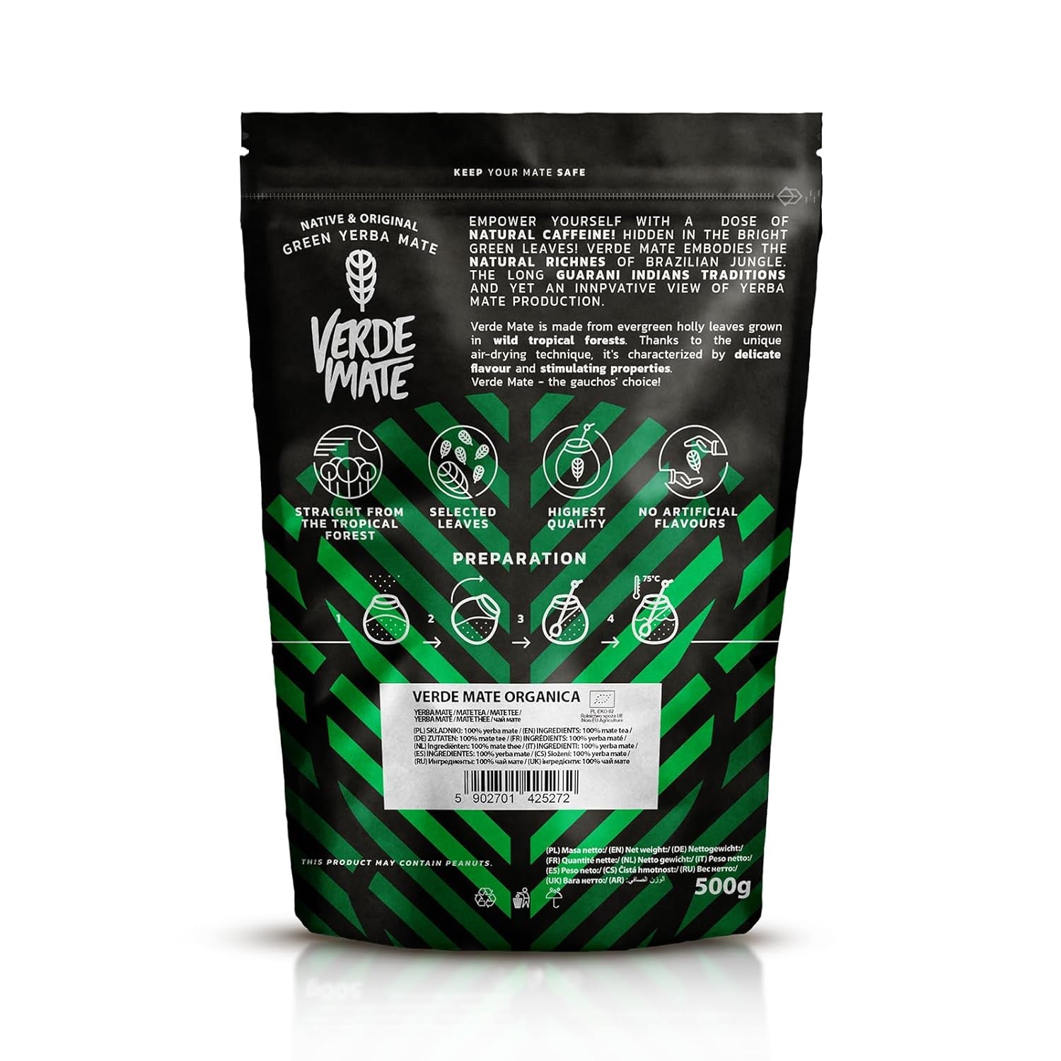 Verde Mate Green Orgánica 500 G – Yerba Mate biologique du Brésil – sans fumée et soigneusement traité 0,5 kg