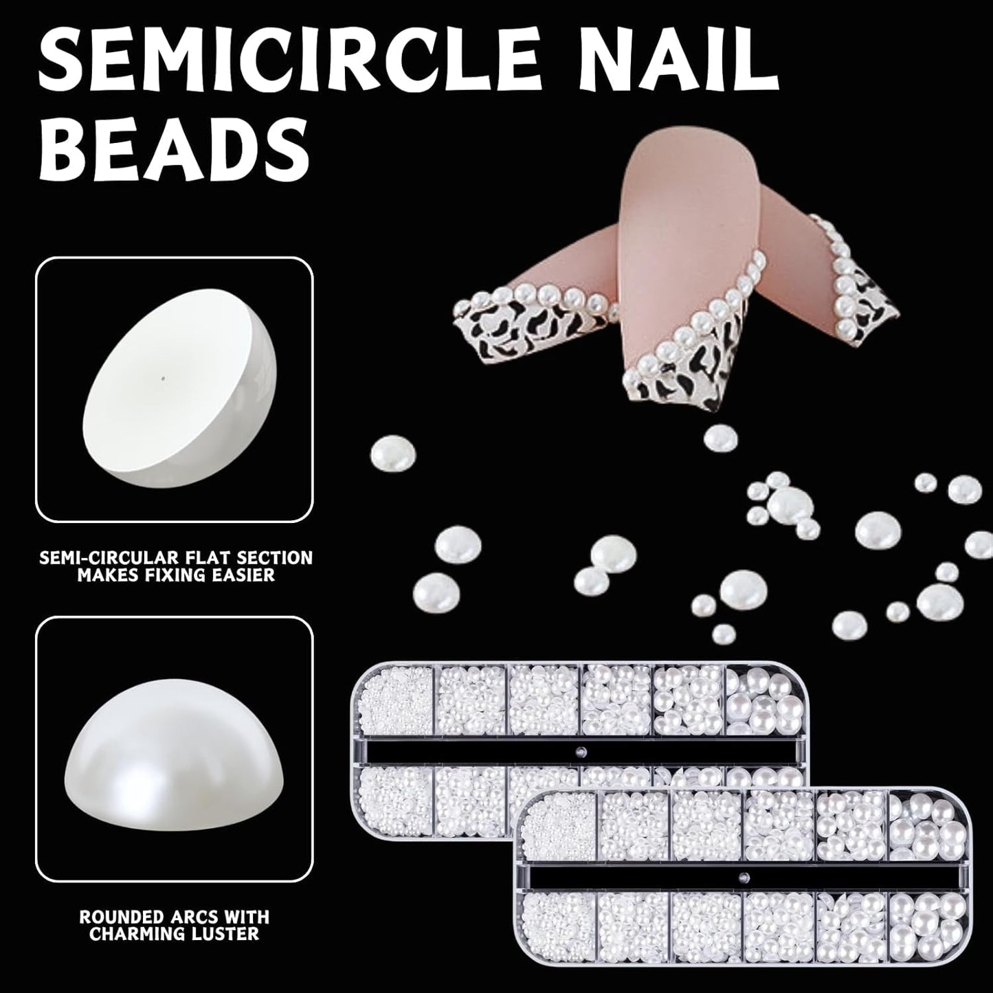 12 Größen Nail Art Perlen, Flache Perlen, Nail Art Accessoires, Halbkreis Nagelperlen, Weiße Nail Charms Und Glitzersteine ​​​​Nägel Für Nail Art Design, DIY Basteln, Alltag, Hochzeit (2 boîtes)