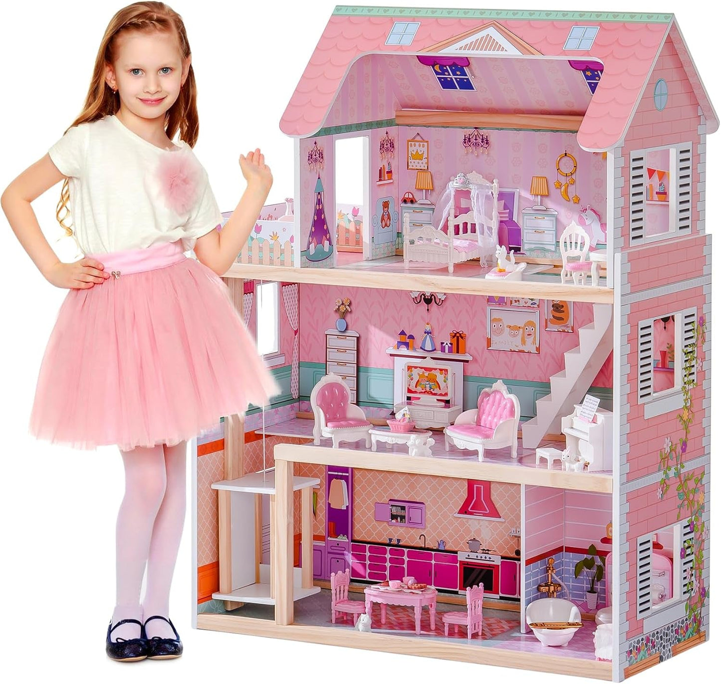 ROBUD Maison de poupée en bois pour enfants, jouet cadeau pour filles et garçons de 3, 4, 5, 6 ans