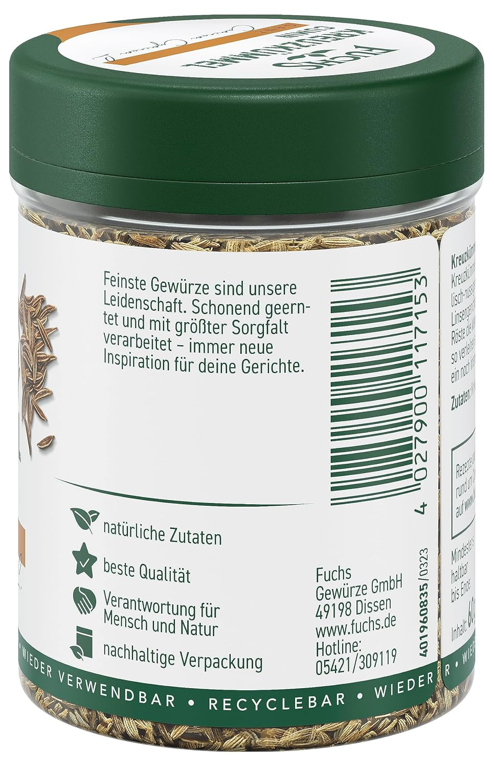 Fuchs Gewürze - Kreuzkümmel ganz - orientalisch-nussige Note für Falafel und Linsengerichte - ingrédients naturels - 60 g en dose variable, recyclable