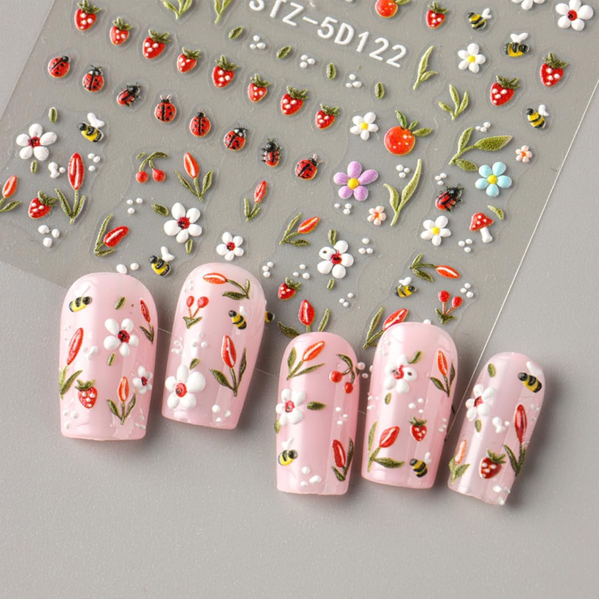 JMEOWIO Autocollant 3D pour ongles, fleurs, fruits, Nail Art, autocollant auto-adhésif, autocollants stéréoscopiques 5D, décoration, conception de ongles, 4 couleurs