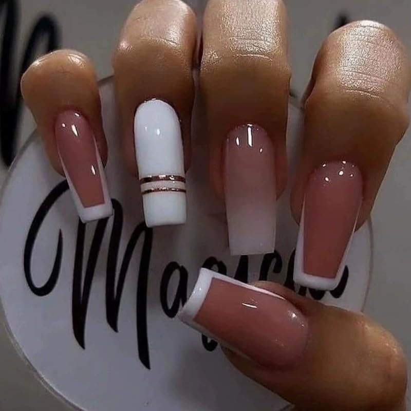 24 pcs French Press On Long Nails Cercueil Blanc Ongles Artificiels Ombre Rose Nude Adhésif Ongles Acrylique Ongles Ensemble Ongles Conseils Pour Femmes Printemps Été Accessoires Ongles
