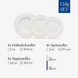Villeroy & Boch Wonderful World Service de table 12 pièces, passe au lave-vaisselle et au micro-ondes, blanc, assiettes, vaisselle, porcelaine, assiettes plates, service de table moderne, porcelaine premium