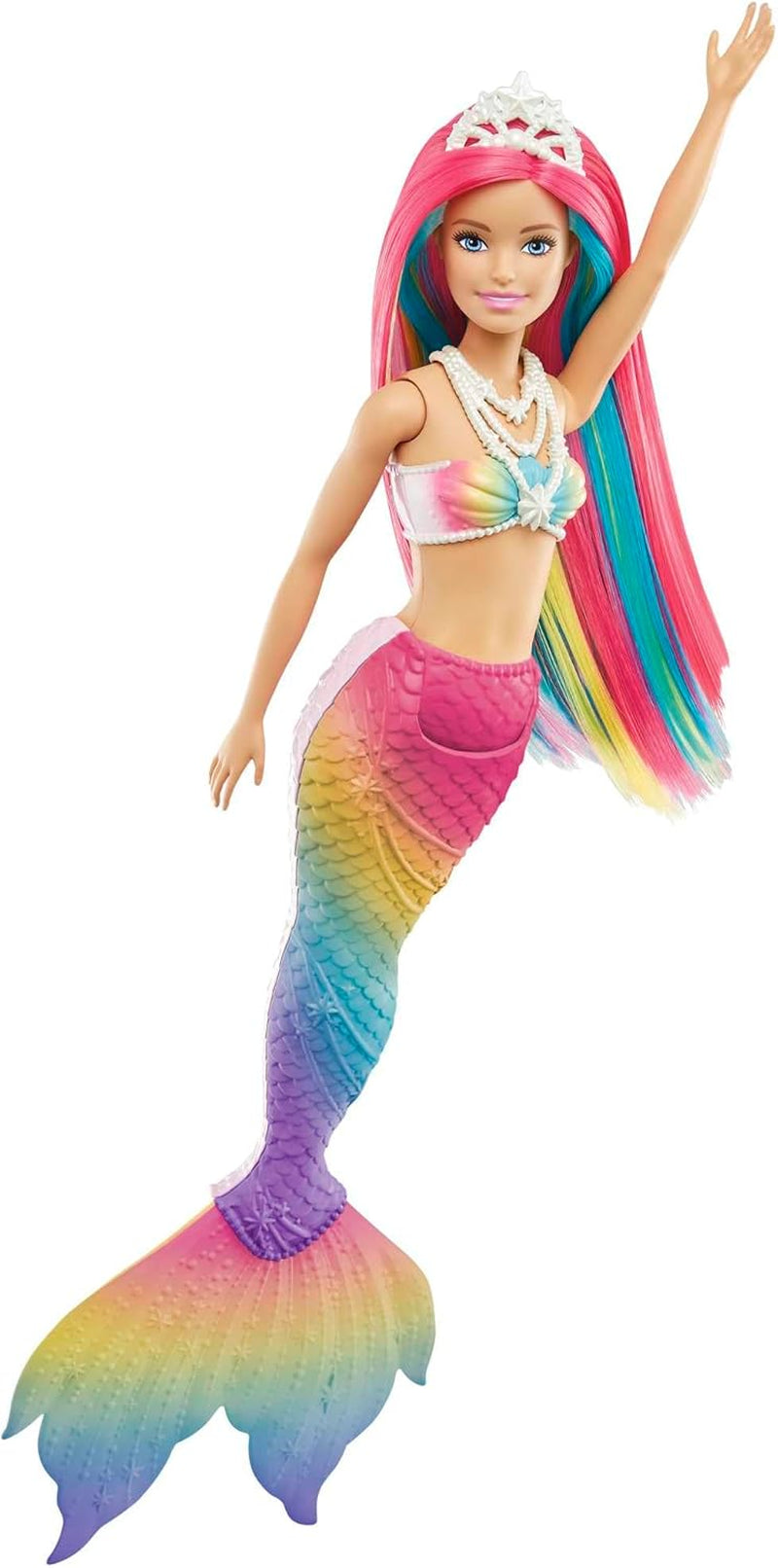 Barbie Dreamtopia Sirène magique arc-en-ciel, Barbie sirène avec cheveux arc-en-ciel, poupée à couleur changeante, activée par l'eau, jouet pour 3 ans et plus, cadeau pour filles, GTF89