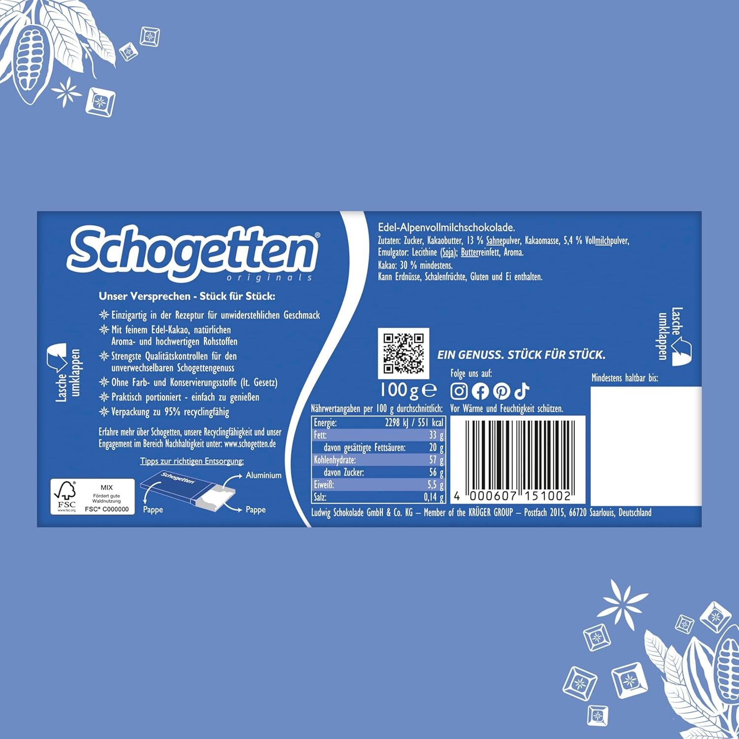 Tablette de chocolat au lait Schogetten Premium Alpine, 100 g, en portions individuelles. Un délice. Pièce par pièce.