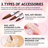 Solution pour ongles Polygel, kit de solution pour ongles Poly Gel Slip, solutions pour ongles liquides Polygel 75 ml, 5 clips pour pointes d'ongles, 3 brosses à ongles, 1 tasse en cristal, 100 feuilles de nettoyage