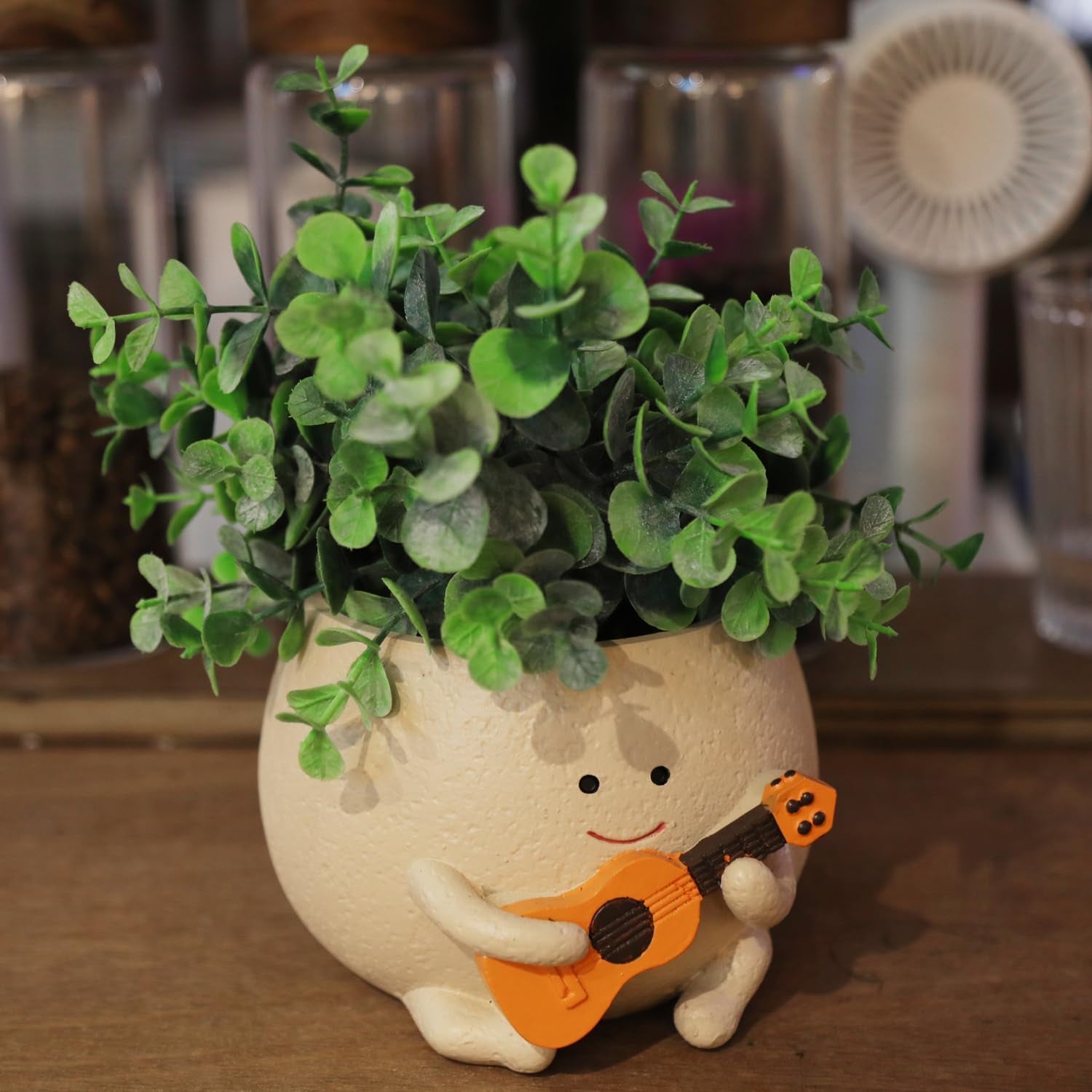 Smiley Face Pots de fleurs Tête de résine mignonne Collier de perles Pot de fleur Guitare unique Intérieur Extérieur Succulent Pot de fleur Idée cadeau pour maman