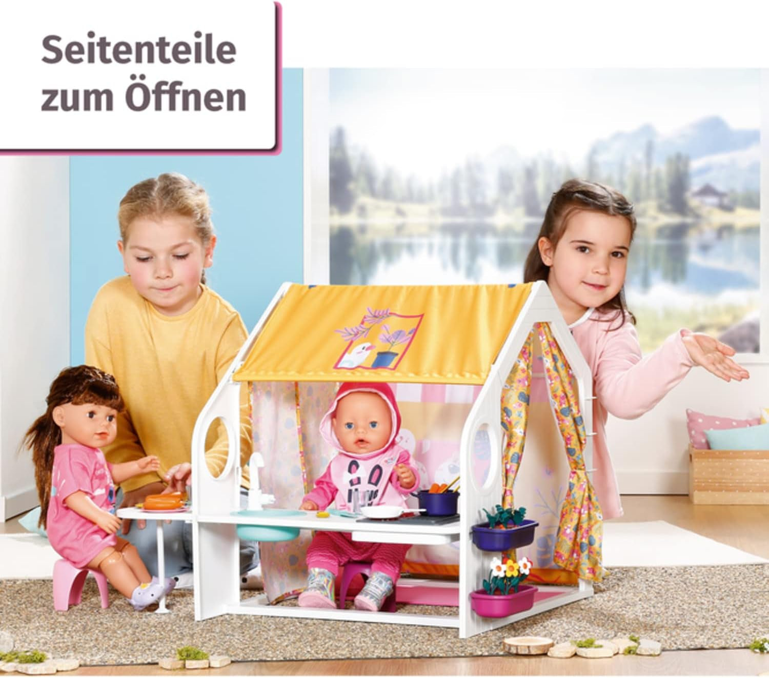 BABY born Dollhouse, Weekend House avec fonction lumière et son, panneaux latéraux ouvrants, évier, grill et nombreux accessoires, 832752, Zapf Creation