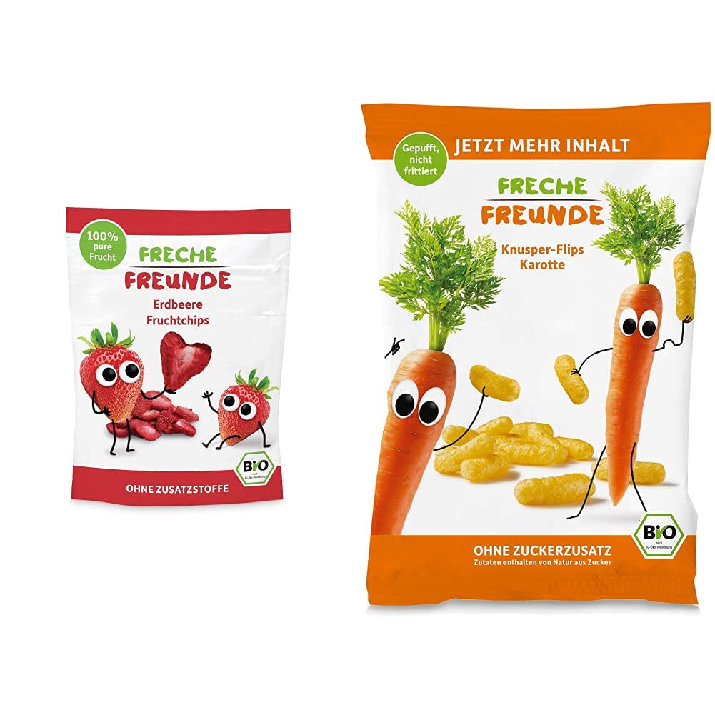 Chips de Fruits Bio "100% Fraise" Chips de Fraises Lyophilisées (12 x 12g) et Nouveaux Flips Croquants Bio de Maïs et de Carottes, Snack Bio, à partir de 1 an, (9 x 30g) 270g