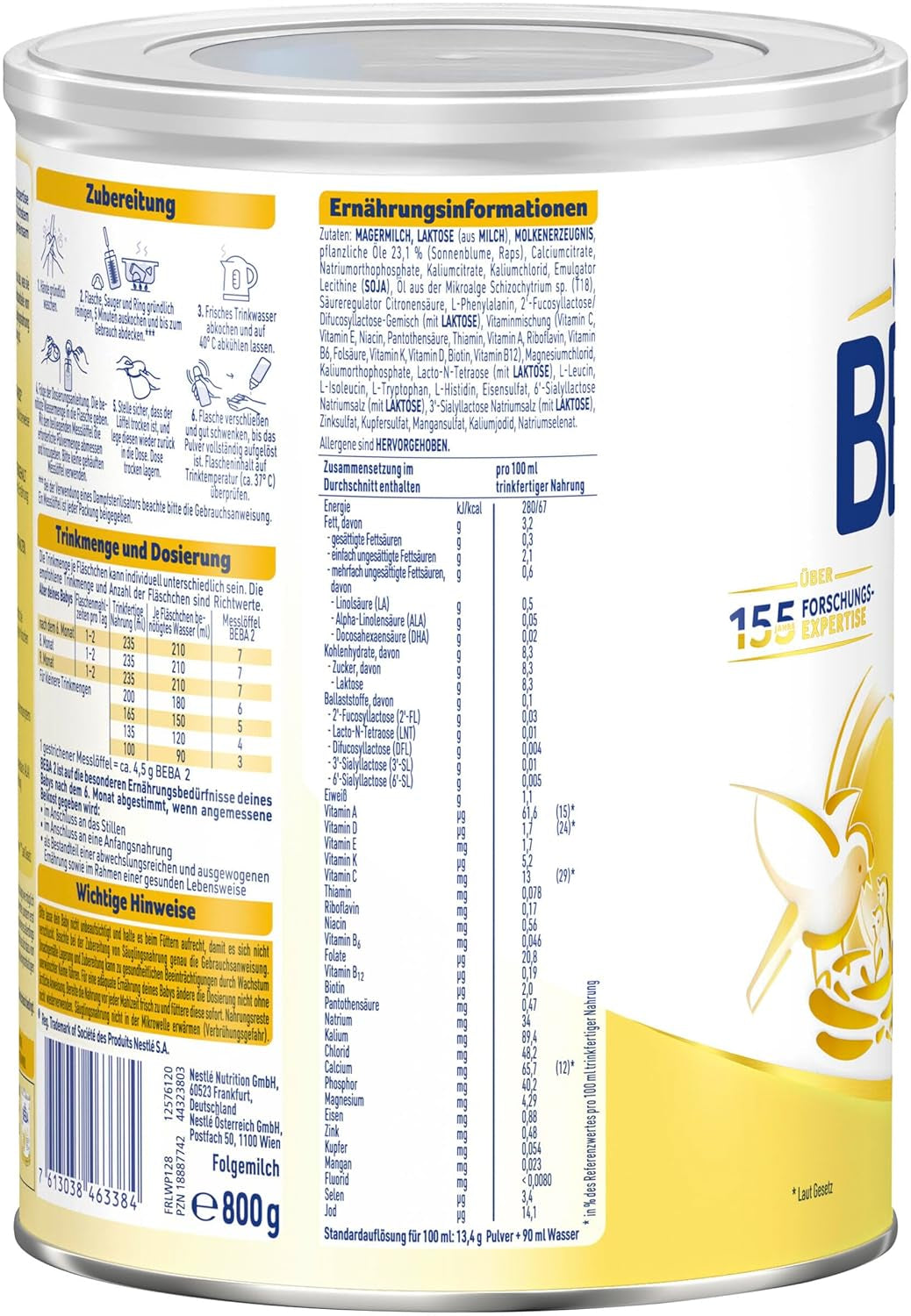 BEBA 2 - Lait de suite après 6 mois, avec complexe 5 HMO, teneur en protéines adaptée à l'âge, sans lactose, sans huile de palme, sans huile de poisson, nourriture pour bébé, lait en poudre pour bébé, lot de 3 (3 x 800 g)
