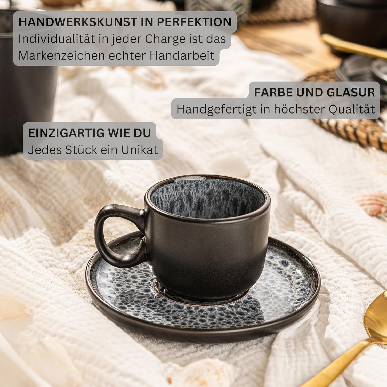 SANGER Sydney | Ensemble de 12 tasses à expresso en céramique, ensemble de tasses à moka pour 6, tasses et soucoupes, passe au lave-vaisselle et au micro-ondes, gris foncé, 80 ml | LA COLLECTION VALEUR
