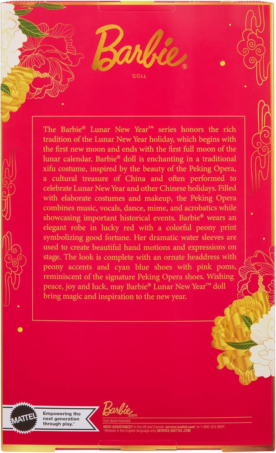 BARBIE Lunar New Year Barbie Puppe - Traditionnelles Kleid in glücksbringendem Rot mit Pfingstrosenmuster, cyanblaue Schuhe mit pinken Troddeln, inspirée de l'Opéra de Pékin, HRM57