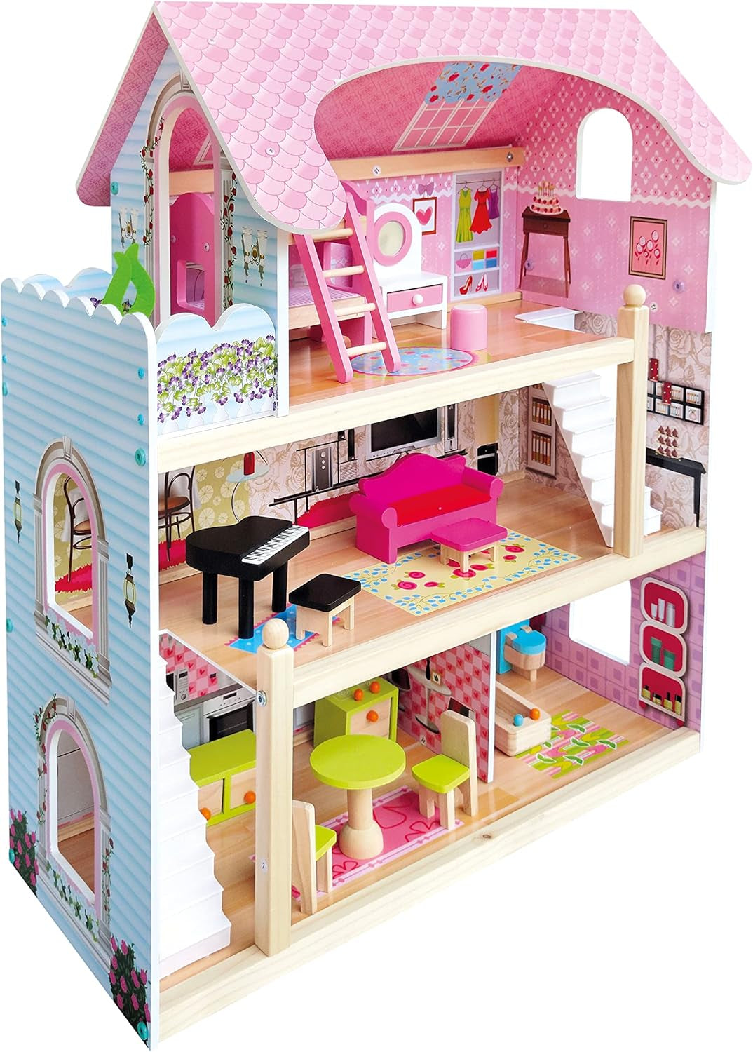 Bino World of Toys Maison de poupée avec balcon, jouet pour les tout-petits à partir de 3 ans, avec 3 étages, escaliers, 4 pièces et balcon incl. 15-TLG. Accessoires, Pour promouvoir les compétences des enfants, Maisons de poupées design rose Naty Shop