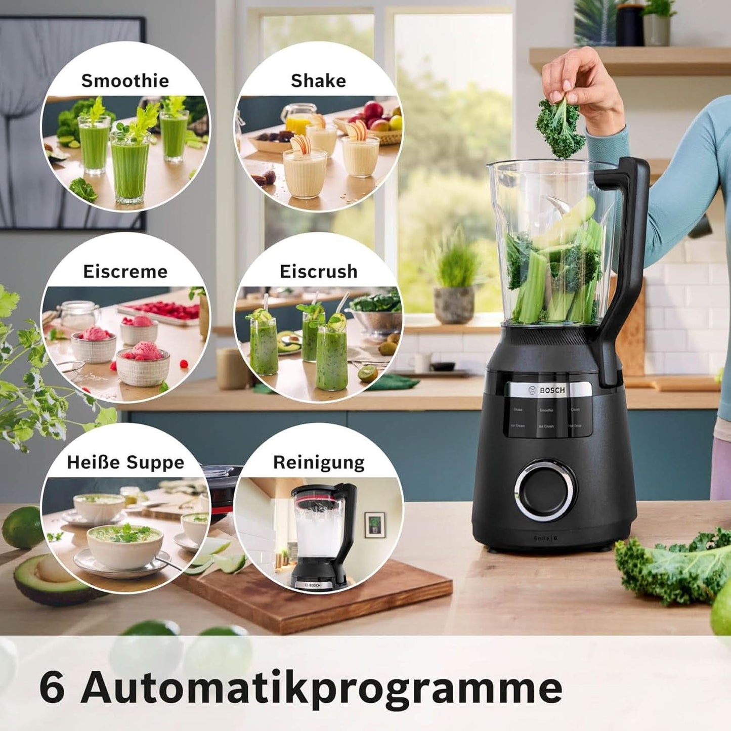 Batteur sur socle à grande vitesse Vitapower Serie 6 MMBD665B1, 45 000 tr/min, 6 programmes Inkl Heiße Suppe & Reinigung, 2 L Mixbehälter, Stopfer, Spülmaschinenfeste Teile, Made in Europe, 1800W, Schwarz Kitchen Naty Shop